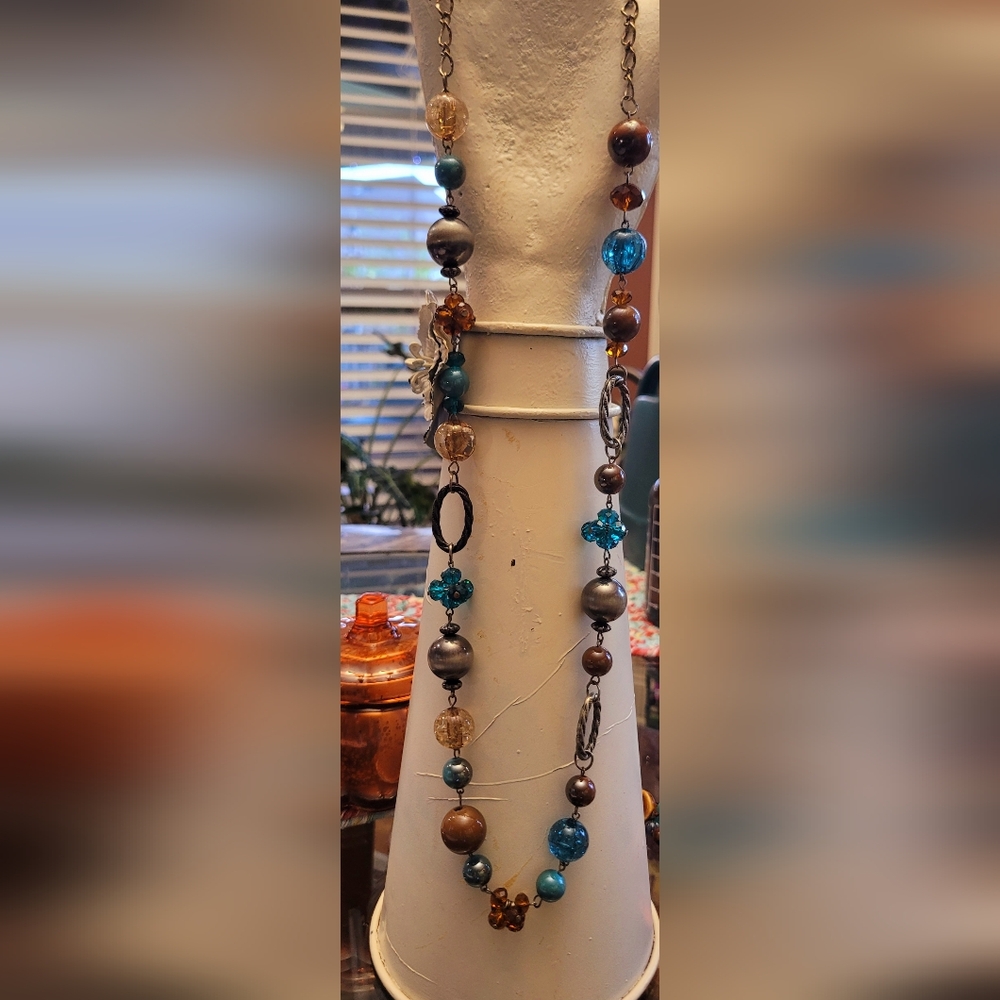 Beautiful brown, blue and silver necklace.